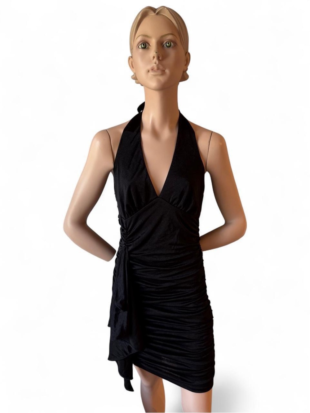 Bebe Black Halter Ruched Women’s Dress